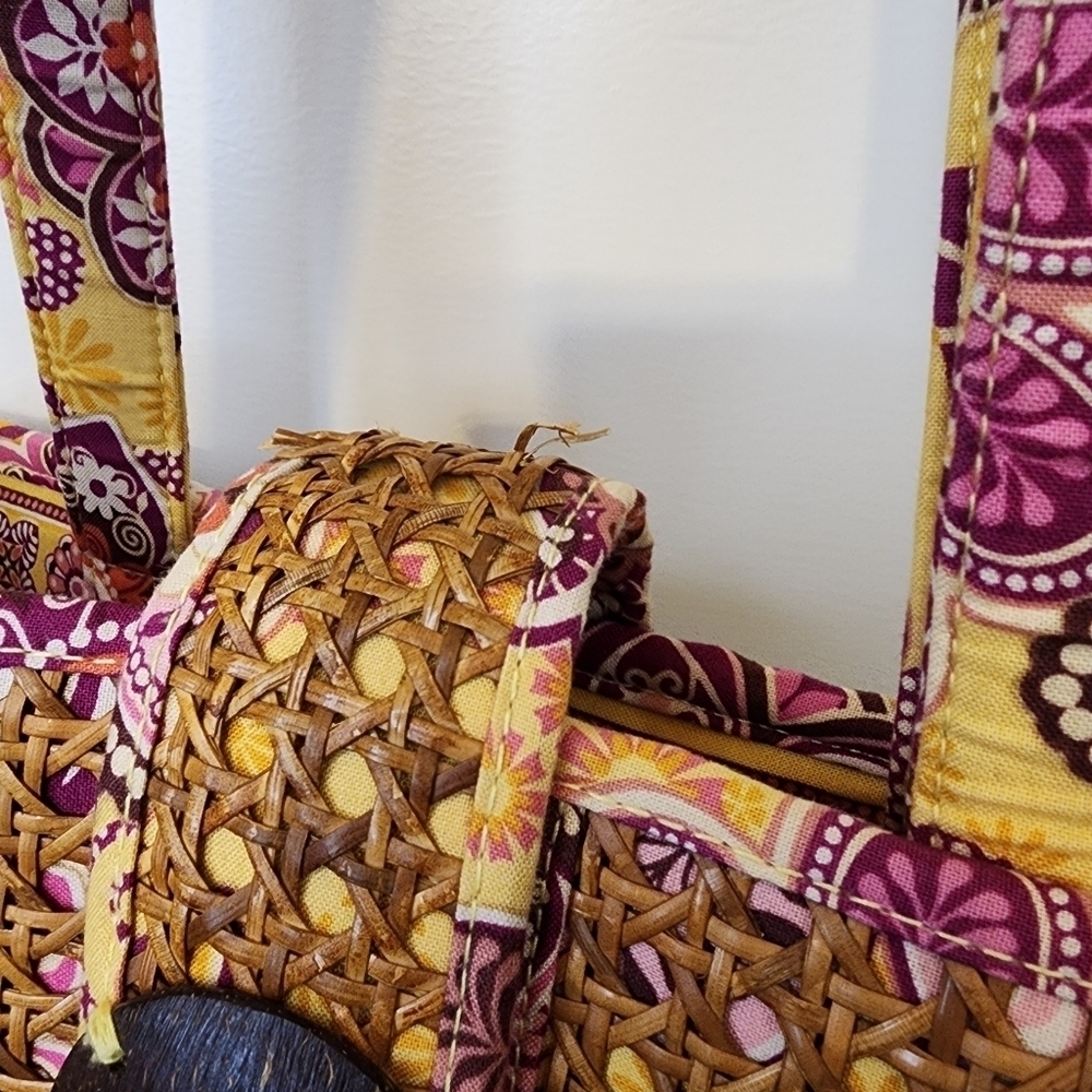 Vera Bradley Tiki Tote With Coconut Shell Clasp Shoulder Bag Pink Yellow Beach - Picture 3 of 12